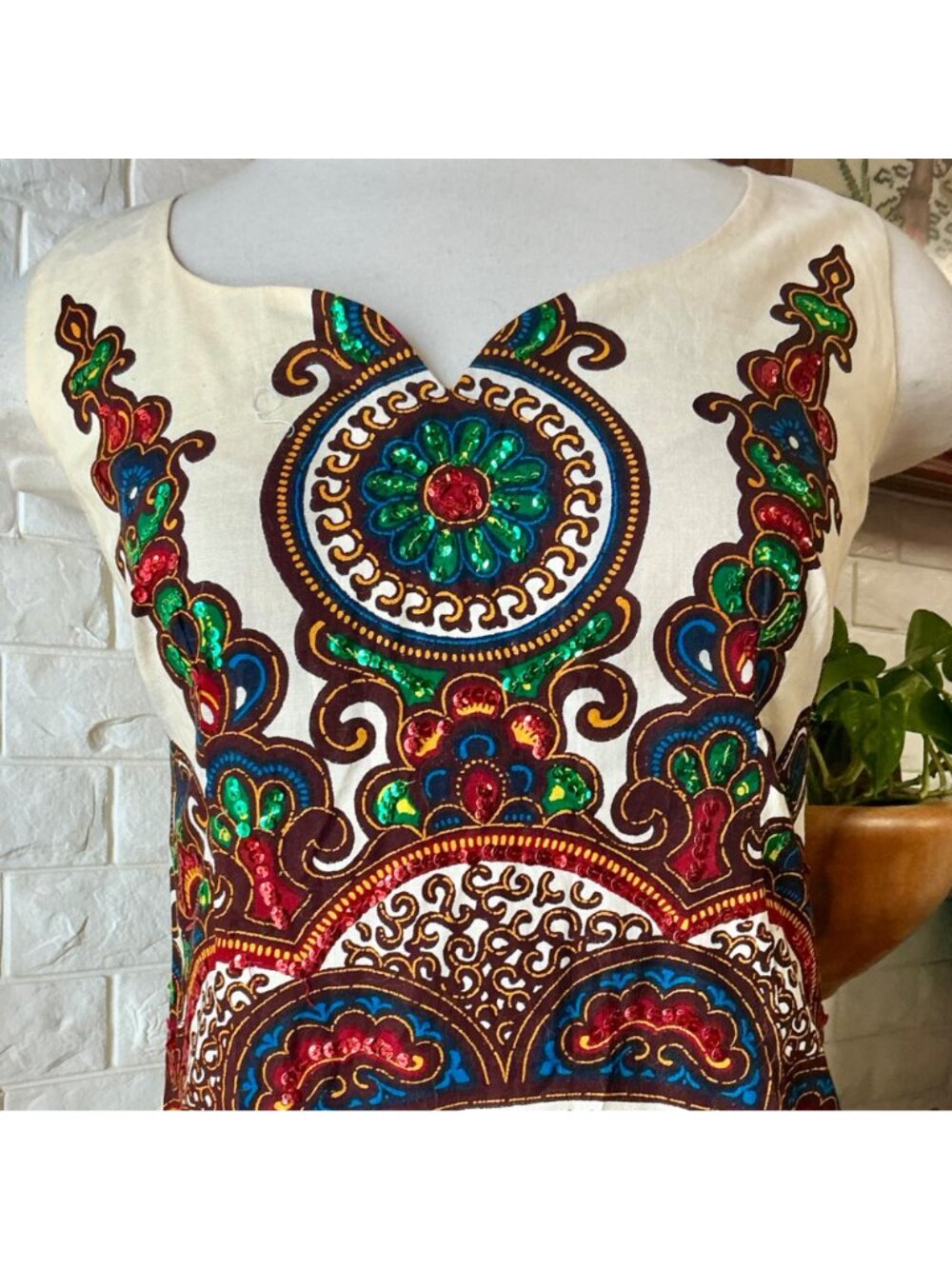 Vintage 70s Bou Boudina Maxi Dress Ornately Sequined Colorful Dashiki Medallion - Picture 3 of 14